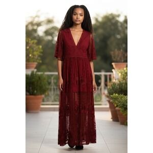 Eleter Dress Womens‎ L Burgundy Lace Maxi Romantic Boho Fairy Whimsy Goth Witchy